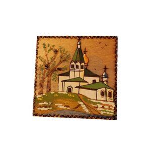 Vintage Russian Wooden Trinket Box With Scenic Church Painting